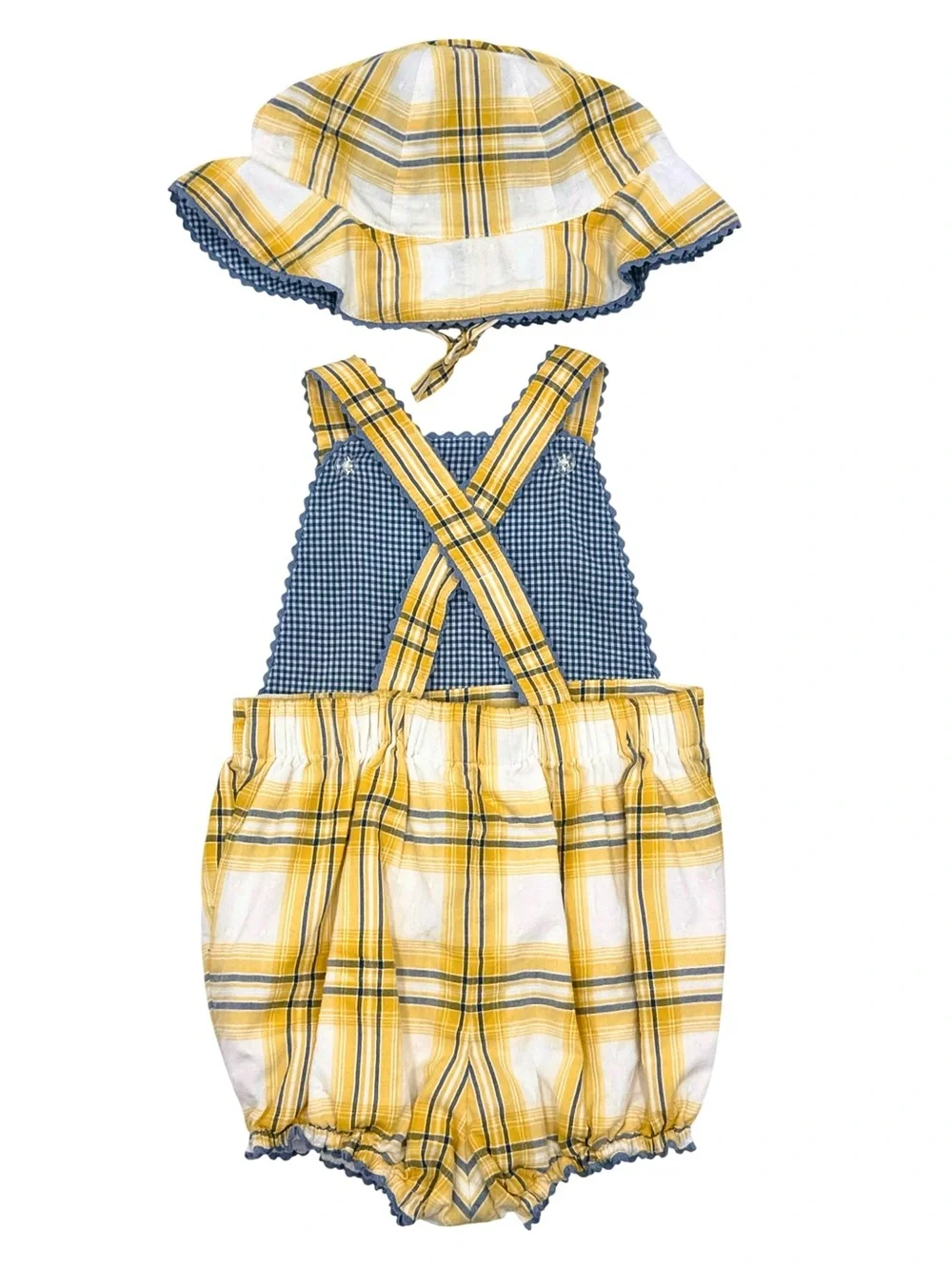 NWT Ralph Lauren Baby 2-Piece Plaid Cotton Dobby Romper & Sun Hat Set Size 6M